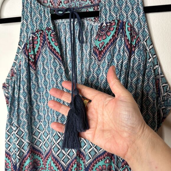 Olivaceous Teal Pink Multi Color Paisley Sleeveless Flowy Mini Tie VFront Small - Picture 5 of 13